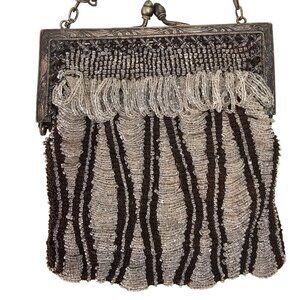 1910-20s Edwardian Flapper Beaded Swag Purse Silver Frame Chain Hinge Silk Lined